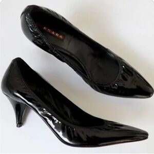 Vintage Prada Black Patent Leather Soft Pointed Low Heels with Elastic Back
